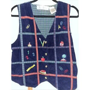 VTG Teacher's Vest Womans Large Navy Blue Plaid Corduroy School Kidcore 80s 90